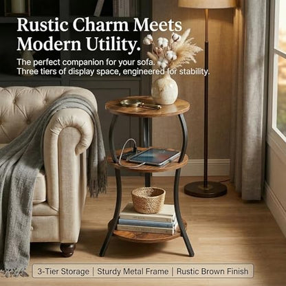 YEAKOO Small Side Table with Charging Station,3-Tier Round end Table - color: Rustic Brown, style: USB Charger