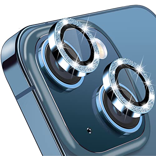 for iPhone 13 Mini & iPhone 13 Camera Lens Protector, Bling Glitter 9H Tempered Glass Camera Cover Anti Scratch Shockproof Screen Protector Individual Ring - 2Pcs Glitter Blue - color: Blue Glitter