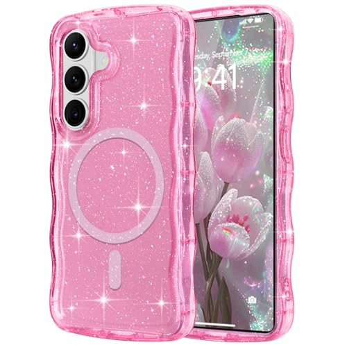 Pepmune Magnetic for Samsung Galaxy S26 Case Clear, Sparkly Bling Glitter Cute Wave Edge Cover for Women Men Compatible with MagSafe Shockproof Protective Phone Case for Samsung Galaxy S26, Hot Pink - color: Hot Pink, size: Samsung Galaxy S26