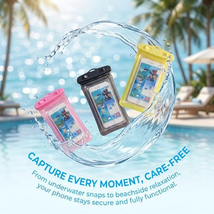 3 Pack Waterproof Phone Pouch Underwater Dry Bag Ultra-Clear Dual-Sided Touchscreen Case with Lock Seal for Swimming Snorkeling & Beach-Pink-Black-Yellow - color: Pink-Black-Yellow