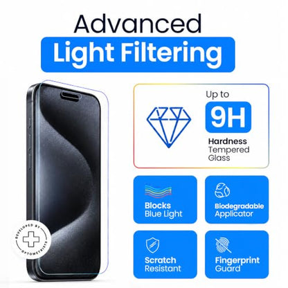 Ocushield Anti Blue Light Tempered Glass Screen Protector of for iPhone 15 Pro (6.1") – Blocks Blue Light, Prevents Eye Strain & Helps You Sleep Better, 9H Hardness & Case Friendly | Fits 6.1 inch display. 9H tempered glass blocks UV & blue light. Anti-ba
