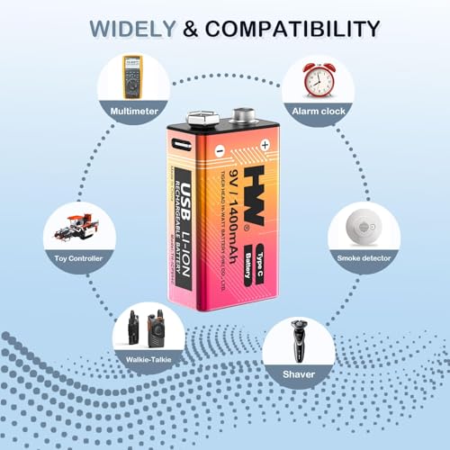 HW 9V Batteries 1400mAh 12 Pack, USB-C Lithium for Wireless Microphones - size: 12-Pack