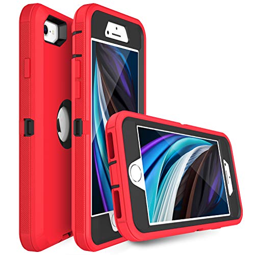 MXX Case Designed for iPhone SE Case 2020 /SE 2022 Heavy Duty Protective Case with Screen Protector [3 Layers] Rugged Rubber Protection Cover & Rotating 360 Degree Belt Clip SE 3rd/2nd Gen (Red/Black) - color: Red/Black