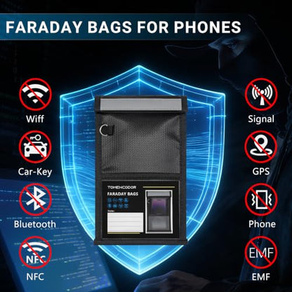 Faraday Bags for Phones 2 Pack, Military Grade Signal Blocking Bag, Anti-Tracking Anti-Hacking RFID NFC WiFi GPS Blocker, Fireproof Waterproof Faraday Pouch Black