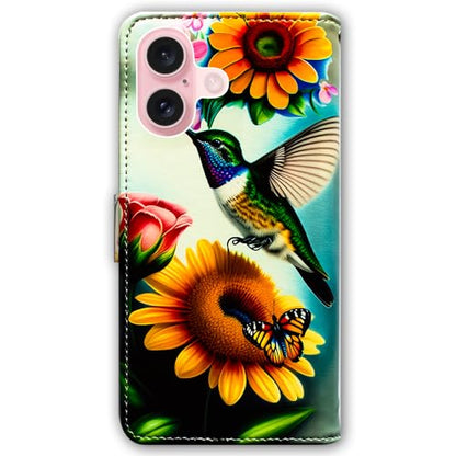 Bcov Case for iPhone 16,Green Hummingbird Butterfly Multifunction Leather Phone Case Wallet Flip Cover with Multi Card Slots Pocket Wrist Strap for Apple iPhone 16 - color: Green Hummingbird Butterfly