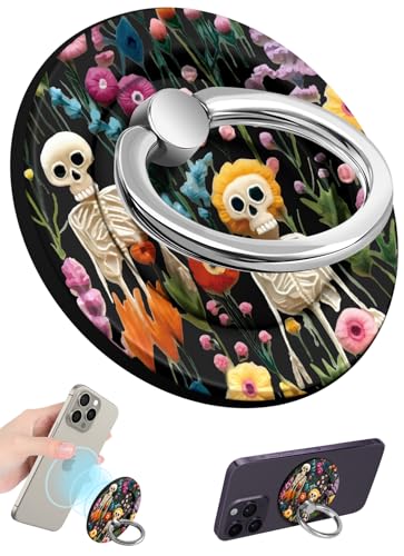 Toycamp Magnetic Phone Grip - Compatible with MagSafe Phone Grip Ring Stand for iPhone 17/16/15/14/13/12 Series Skeleton Spooky Flowers Cute Phone Ring Holder Grip for Women Girls - color: Skeleton Flowers