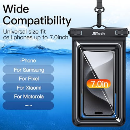 JETech IPX8 Waterproof Phone Pouch, Floating Dry Bag, Black, 2-Pack | Touchscreen Compatible, Fits up to 7", for iPhone 17e/17/16/15/14 Series, for Galaxy S26/S25 Ultra, for Pixel 10 Series