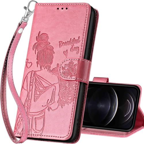 for iPhone 13 Pro Wallet case, Pink-Girl | 3 Card Holders, Kickstand, Shockproof TPU Shell, PU Leather, Magnetic Closure, Protective Flip Folio Cover, Women - color: 1