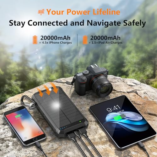 Solar Charger Power Bank 20000mAh, Wireless Fast Charging Battery Pack with 3 Built-in Cables & USB-C Input, Dual LED Flashlights, Portable Phone Charger for Camping, Travel & Emergency Use (Black) - color: Black