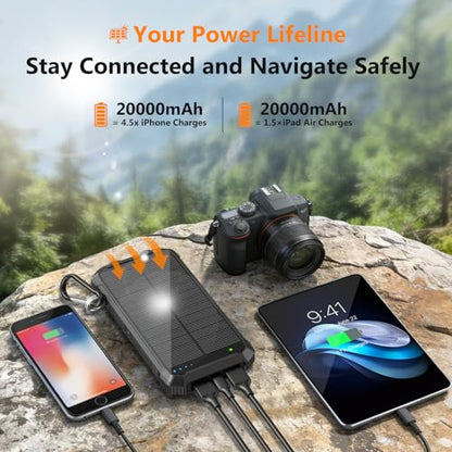 Solar Charger Power Bank 20000mAh, Wireless Fast Charging Battery Pack with 3 Built-in Cables & USB-C Input, Dual LED Flashlights, Portable Phone Charger for Camping, Travel & Emergency Use (Black) - color: Black