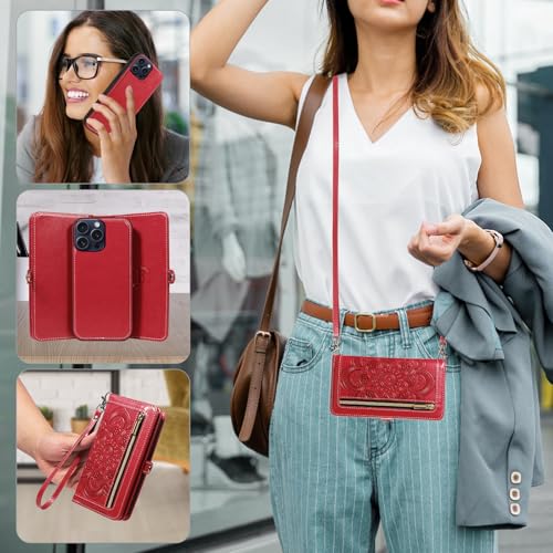 Asuwish Phone Case for iPhone 15 Pro 6.1 inch Zipper Wallet Detachable Cell Cover with Tempered Glass Screen Protector Wrist Strap Mandala Flower Credit Card Holder i Phone15 i15 15Pro Women Men Red - color: Red