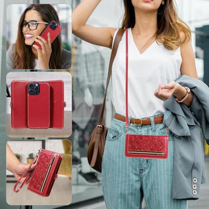 Asuwish Phone Case for iPhone 15 Pro 6.1 inch Zipper Wallet Detachable Cell Cover with Tempered Glass Screen Protector Wrist Strap Mandala Flower Credit Card Holder i Phone15 i15 15Pro Women Men Red - color: Red