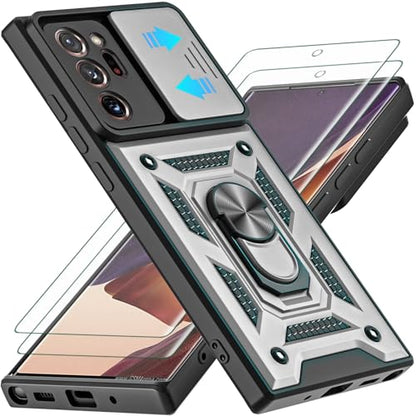 for Galaxy Note 20 Ultra Case, with Self Healing Flexible TPU Screen Protective [2 Pack] & Slide Camera Cover, 360°Rotation Ring Kickstand [Military Grade] Case. (Silver) - color: N-Silver
