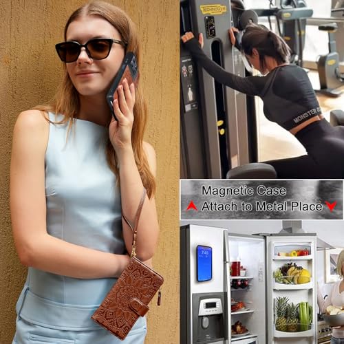 Harryshell Detachable Wallet Leather Case Compatible with Motorola Moto G Power 2025 / G Power 2026 Magnetic Phone Case Zipper with Cash Coin Pocket Multi Card Slots Holder Wrist Strap (Flower Brown) - color: Flower Brown, size: Moto G Power 2025 / Moto G