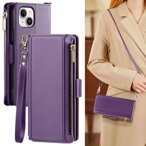 Antsturdy Crossbody Phone Wallet Case for iPhone 14 Plus,Purple | RFID Blocking,PU Leather Flip Cover,Kickstand,with Credit Card Holder,Wrist Strap Lanyard & Handbag Purse,for Women & Men - color: (Crossbody) - Purple