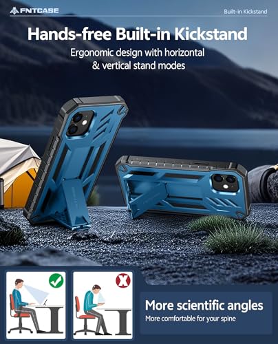 FNTCASE for iPhone 12 Case with Built-in Screen Protector and Kickstand | 20FT Military-Grade Drop Protection, Anti-Slip Matte Textured, Rugged Heavy Duty Shockproof TPU Protective Phone Cover - color: Blue