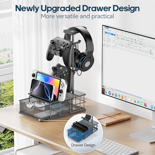 KDD Headphone Stand with Drawer - Headset, Controller Holder for Desk & Headset Stand with Phone Holder