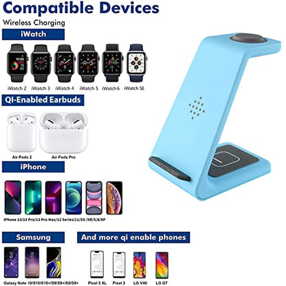 Wireless Charger Stand,YOCUNKER 3 in 1 Qi Fast Wireless Charging Station Dock for Apple Watch7/SE/6/5/4/3/2, Airpods Pro/3/2, iPhone 14/13/13 Pro/13 Pro Max/12/12 Pro/12 Pro Max/11/X/XR/XS Max (Blue) - color: Blue