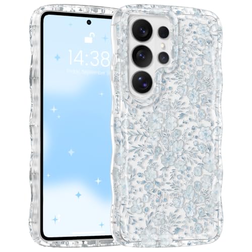 RALEAVO for Samsung Galaxy S26 Ultra Case Cute Floral Acrylic Cover,Blue | Cute Flowers Pattern Design,Clear Curly Wave Frame Cover for Women,Hard Acrylic Shockproof Anti-slip Case for S26 Ultra - color: Clear/Blue Flowers, size: For S26 Ultra