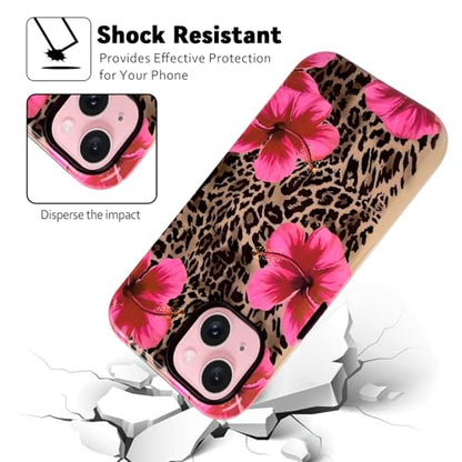 Lovmooful for iPhone 15 Case Cute Flower Leopard-Hibiscus | Compatible for iPhone 15 Case,Aesthetic,Hibiscus,Floral,2 in 1,for Women Girls,Soft TPU+PC,Shockproof,Protective - size: iPhone 15