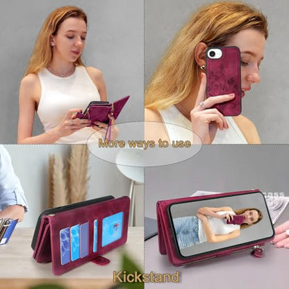 Case Wallet Compatible with iPhone 16e/17e, [12 Card Slots] ID Credit Cash Holder Zipper Pocket Detachable Leather Wallet Cover with Wrist Strap Lanyard（Floral Wine Red） - color: Floral Wine Red