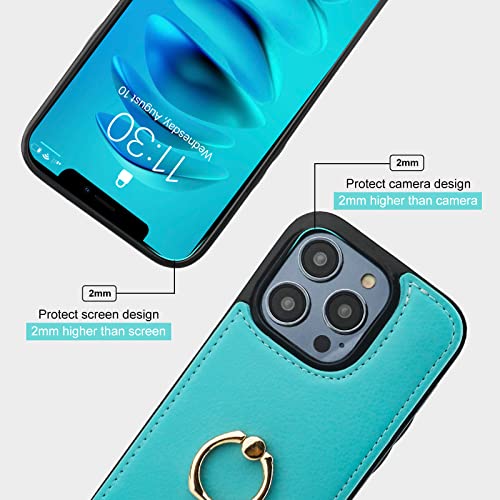 Folosu Compatible with iPhone 14 Pro Case Wallet with Card Holder, 360°Rotation Finger Ring Holder Kickstand, RFID Blocking Leather Protective Double Buttons Shockproof Cover 6.1 Inch Green - color: Mint Green, size: iPhone 14 Pro