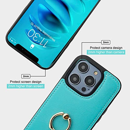 Folosu Compatible with iPhone 14 Pro Case Wallet with Card Holder, 360°Rotation Finger Ring Holder Kickstand, RFID Blocking Leather Protective Double Buttons Shockproof Cover 6.1 Inch Green - color: Mint Green, size: iPhone 14 Pro