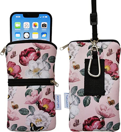 Tainada Dual Zipper Neck Phone Holder Pouch w/Belt Loop (Pink Floral) | For Men/Women; Water-resistant neoprene material, shockproof, lightweight, w/carabiner; Compatible with most of smartphones - color: Pink Floral