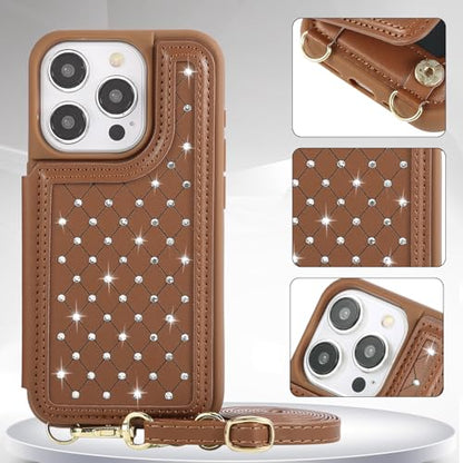Crossbody Wallet Case for iPhone 12 Pro Max(6.7") with Detachable Strap - PU Leather Flip Folio with Card Slots & RFID Blocking, Sparkling Diamond Accents-Brown - color: Brown, size: iPhone 12 Pro Max(6.7")