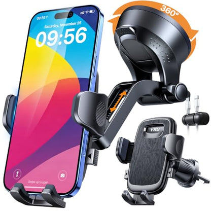 YRU 2026【100+LBS Suction & Flexible Low-Profile Arm】 Car Phone Holder Mount - color: Dark Black