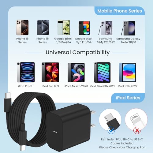 20W iPhone Charger Fast Charging 3-Pack with 6FT USB C to USB Cable, Black - color: Black