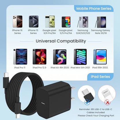 20W iPhone Charger Fast Charging 3-Pack with 6FT USB C to USB Cable, Black - color: Black