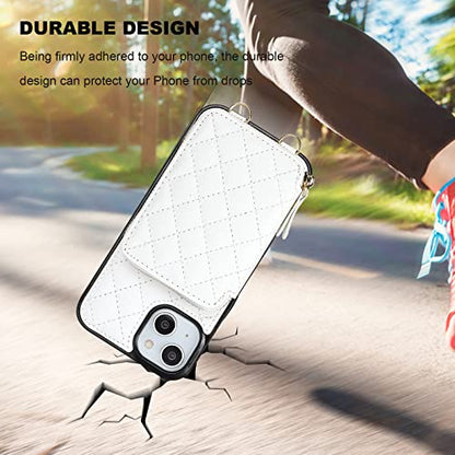 Bocasal Crossbody Wallet Case Card Holder for iPhone 13, White | RFID Blocking PU Leather Zipper Handbag Purse, Kickstand Flip Folio Case with Card Slots Holder Wrist Strap Lanyard 6.1 Inch - color: White