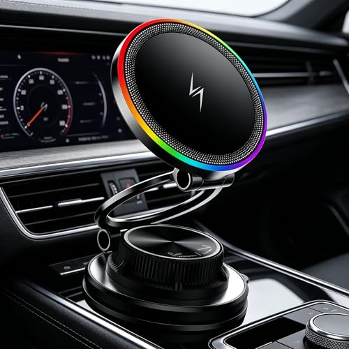 15W Fast Wireless Car Charger, Magnetic Dashboard Phone Holder, 360 Rotating Foldable Bracket, Compatible with MagSafe, Strong N52 Magnet & Gel Suction for iPhone17/16/15 pro and Samsung (Black) - color: Black