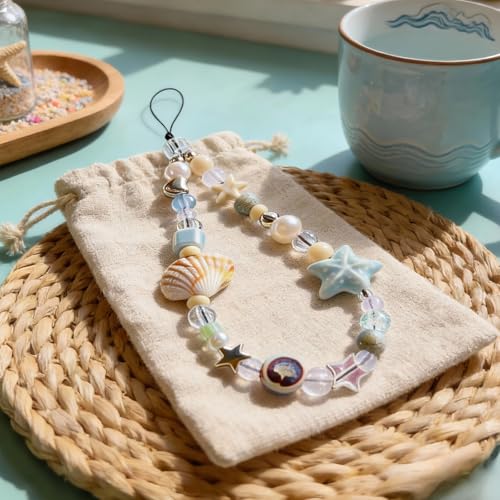 Cute Beaded Camera Wrist Strap for Phone, Digital Camera Charm Lanyard, Pearl Beaded Chain for Bag Keychain Gift - color: Blue Shell