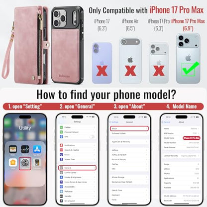 Defencase for iPhone 17 Pro Max Case Wallet Compatible with Magsafe, Pink | Drop-Proof Magnetic Detachable Phone Cases Cover, with RFID Bolcking Card Holder, Zipper Strap, PU Leather, Removable Wallet - color: (Detachable with Magsafe)-Pink