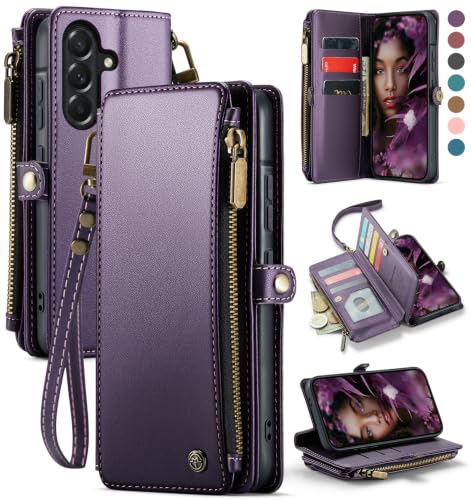 Defencase for Samsung Galaxy A37 5G Wallet Case with Card Holder, Purple | RFID Blocking, Zipper Pocket, Durable PU Leather, Wrist Strap, Fashion Snap Flip Phone Cases Cover with Stand for Women Men - color: Purple