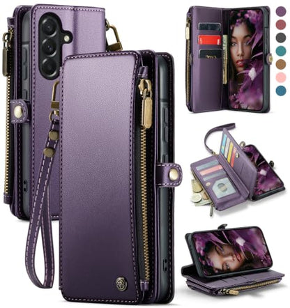 Defencase for Samsung Galaxy A37 5G Wallet Case with Card Holder, Purple | RFID Blocking, Zipper Pocket, Durable PU Leather, Wrist Strap, Fashion Snap Flip Phone Cases Cover with Stand for Women Men - color: Purple
