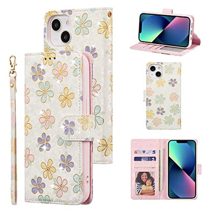 UEEBAI Wallet Case for iPhone 13, PU Leather Phone Cover Kickstand RFID Blocking Flip Case Card Slots Wrist Strap Relief Engraved Pattern Magnetic Closure Flower Folio Wallet, White Daisy - color: White Daisy, size: iPhone 13