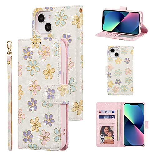 UEEBAI Wallet Case for iPhone 15, PU Leather Phone Cover Kickstand RFID Blocking Flip Case Card Slots Wrist Strap Relief Engraved Pattern Magnetic Closure Flower Folio Wallet, White Daisy - color: White Daisy, size: iPhone 15