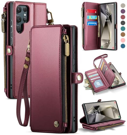 Defencase for Samsung Galaxy S24 Ultra Wallet Case with Card Holder, W-Red | Durable PU Leather, with RFID Blocking Zipper Pocket, Wrist Strap, S24 Ultra Flip Phone Cases Cover with Stand for Women Men - color: Wine Red