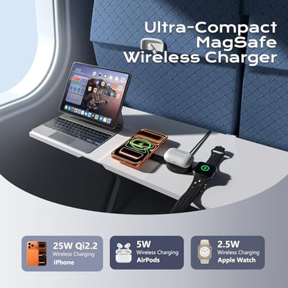Qi2.2 Certified 25W 3 in 1 Wireless Charging Station for Apple, Foldable Mini MagSafe Travel Charger Pad for iPhone 17-12 Series, Apple Watch & AirPods, Magnetic Charging Dock with 45W Adapter - color: Black