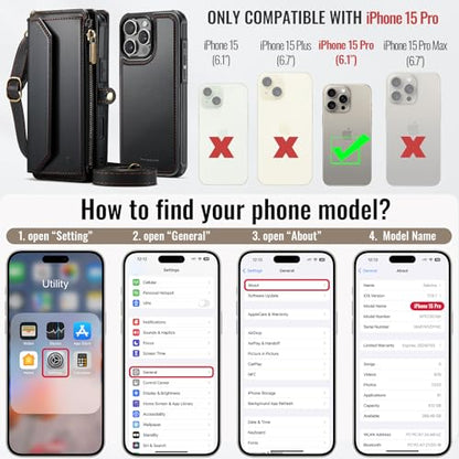 Strapurs for iPhone 15 Pro Magnetic Detachable Wallet Phone Case, Black - color: (Detachable with Magsafe)-Black, size: iPhone 15 Pro - 6.1"