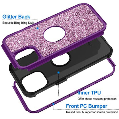 Hython Case for iPhone 13 Case Glitter, Cute Sparkly Shiny Bling Sparkle Cover, Heavy Duty 3 in 1 Hybrid Hard PC Soft TPU Bumper Full Body Shockproof Protective Phone Cases for Women Girls, Purple - color: Purple