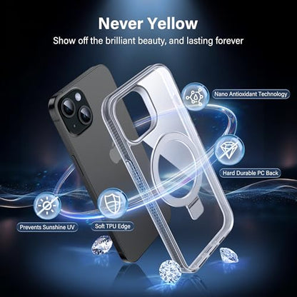 Magnetic Case for iPhone 15 - [Built-in Invisible Stand] [Compatible with MagSafe] [Military Grade Drop Protection] Anti-Yellowing Hard Back Silicone Edge Cover, 6.1", Clear - color: Clear, size: iPhone 15 6.1''