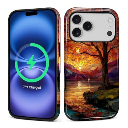 Magnetic Phone Case for iPhone 17 Pro,Compatible with MagSafe,Durable 2 Layers Full Covered Shockproof Protective Cover-Stained Glass Sunrise Fall Leaves - color: Stained Glass Sunrise Fall Leaves, size: iPhone 17 Pro