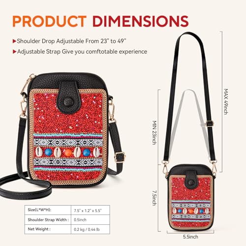 Women's Small Crossbody Cell Phone Bag, Boho Colorful Beaded Purse Wallet with Handmade Cute Patterns - color: Red
