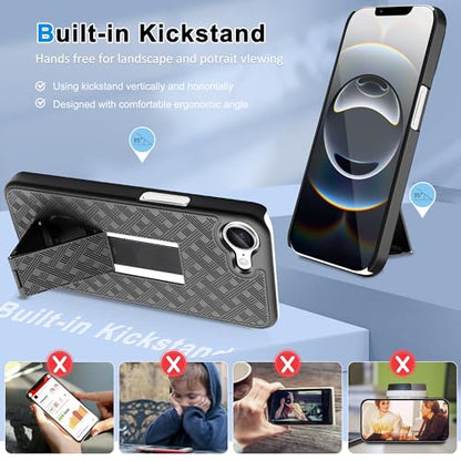 Fingic for iPhone 17e/ 16e Case with Belt Clip Holster Case Kickstand | Slim Combo Shell with Swivel Holster Rugged Shockproof Antiscratch Protective for iPhone 16e 2025/ 17e 2026 6.1 inch , Black