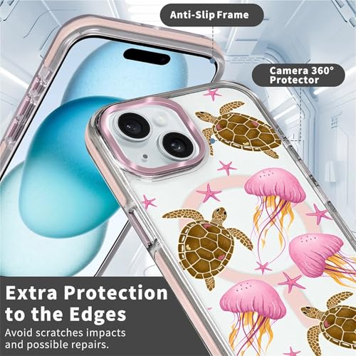 VisEnt Clear Case for iPhone 15, Magnetic Phone Case, Transparent Slim Cover, Military Grade Protection, Shockproof, Anti-Yellowing, Scratch Resistant, Pink Jellyfish Sea Turtle - color: Pink Jellyfish Sea Turtle, size: Iphone 15