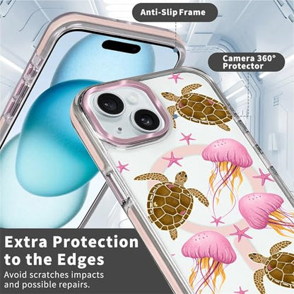 VisEnt Clear Case for iPhone 15, Magnetic Phone Case, Transparent Slim Cover, Military Grade Protection, Shockproof, Anti-Yellowing, Scratch Resistant, Pink Jellyfish Sea Turtle - color: Pink Jellyfish Sea Turtle, size: Iphone 15